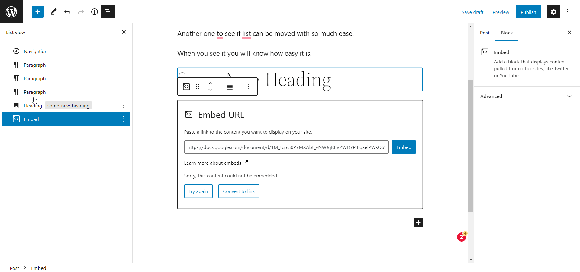 Move elements form list view panel in WordPress 5.9