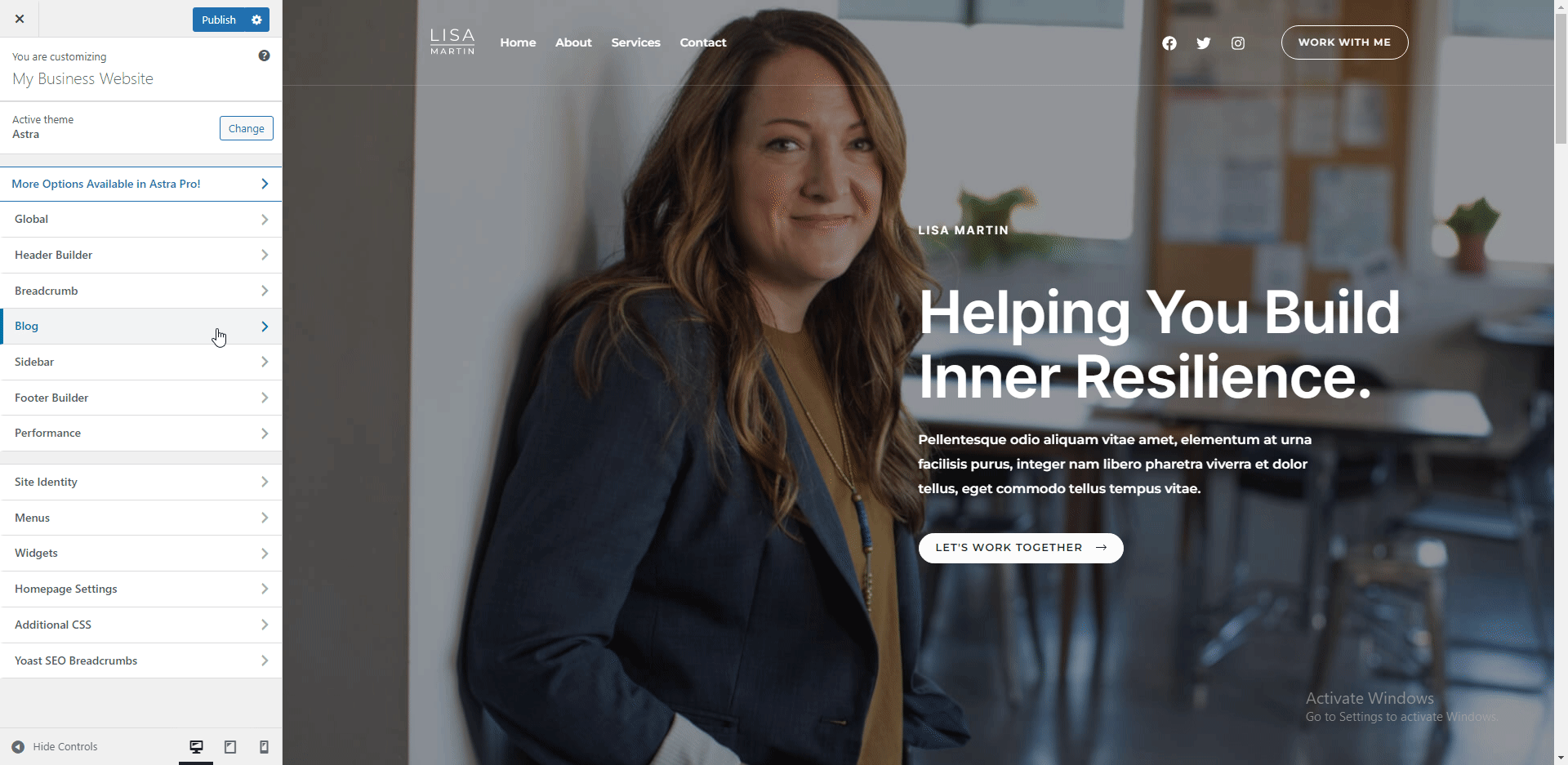 Blog settings option for your business website
