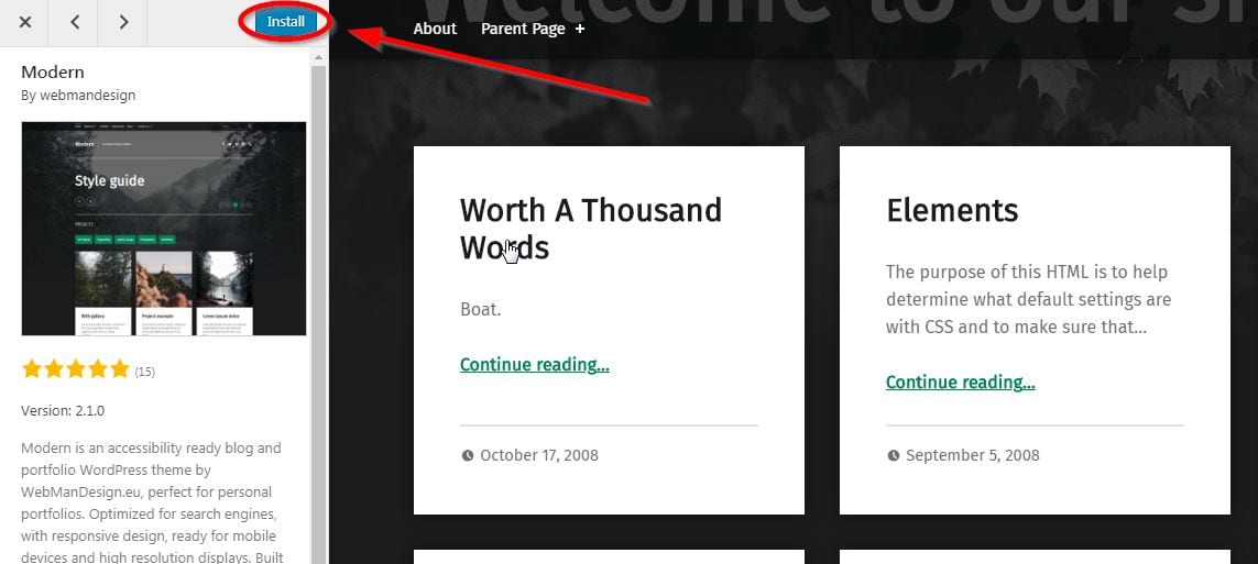 install WordPress theme button