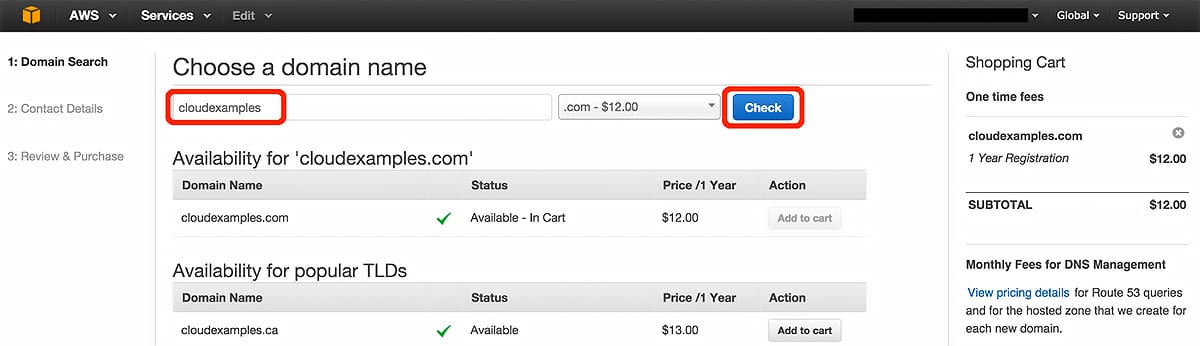 AWS domain name registration page