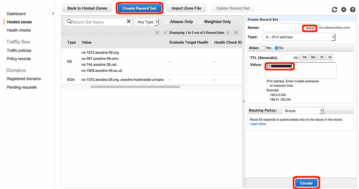 Create Record Set page: Hosting WordPress on Amazon Web Server