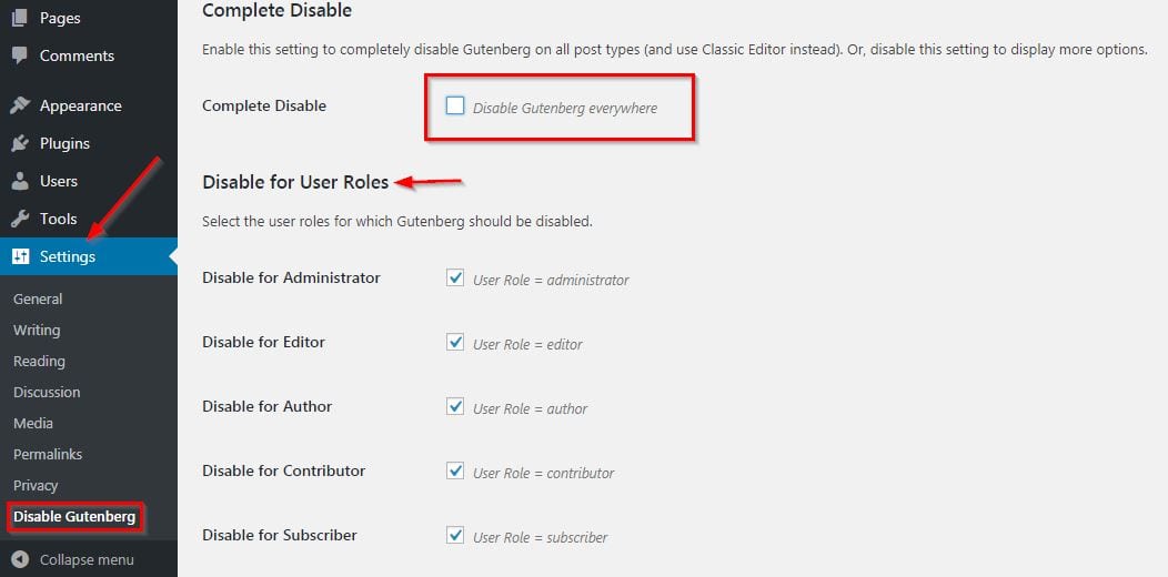 settings dashboard disable gutenberg everywhere option