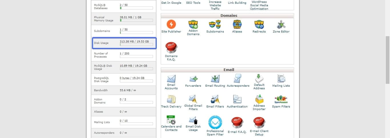 disk usage on hosting cpanel