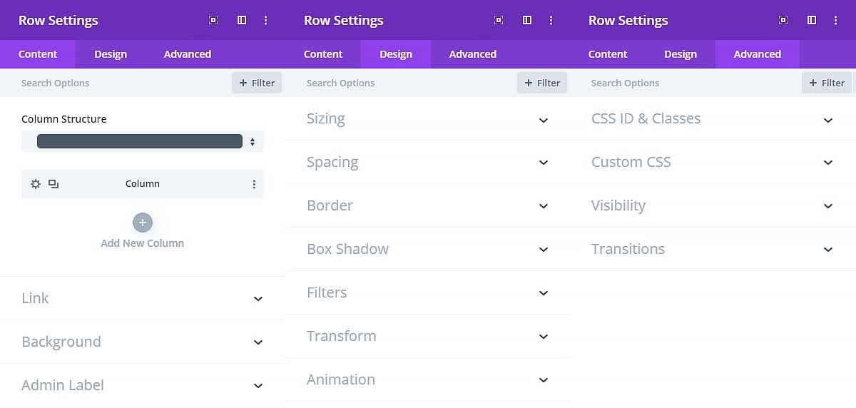 Divi Row settings - Divi filters - Elementor vs Divi