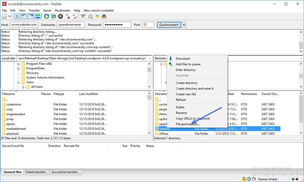 click file permissions