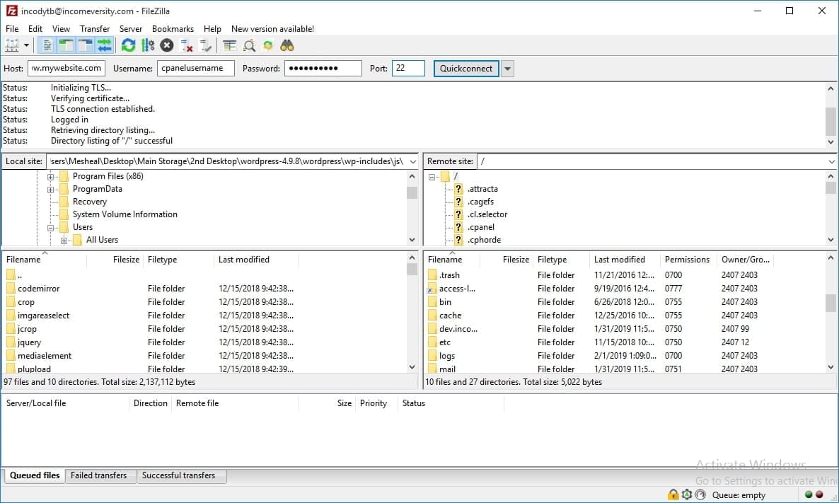 filezilla ftp client login - failed to write file to disk error