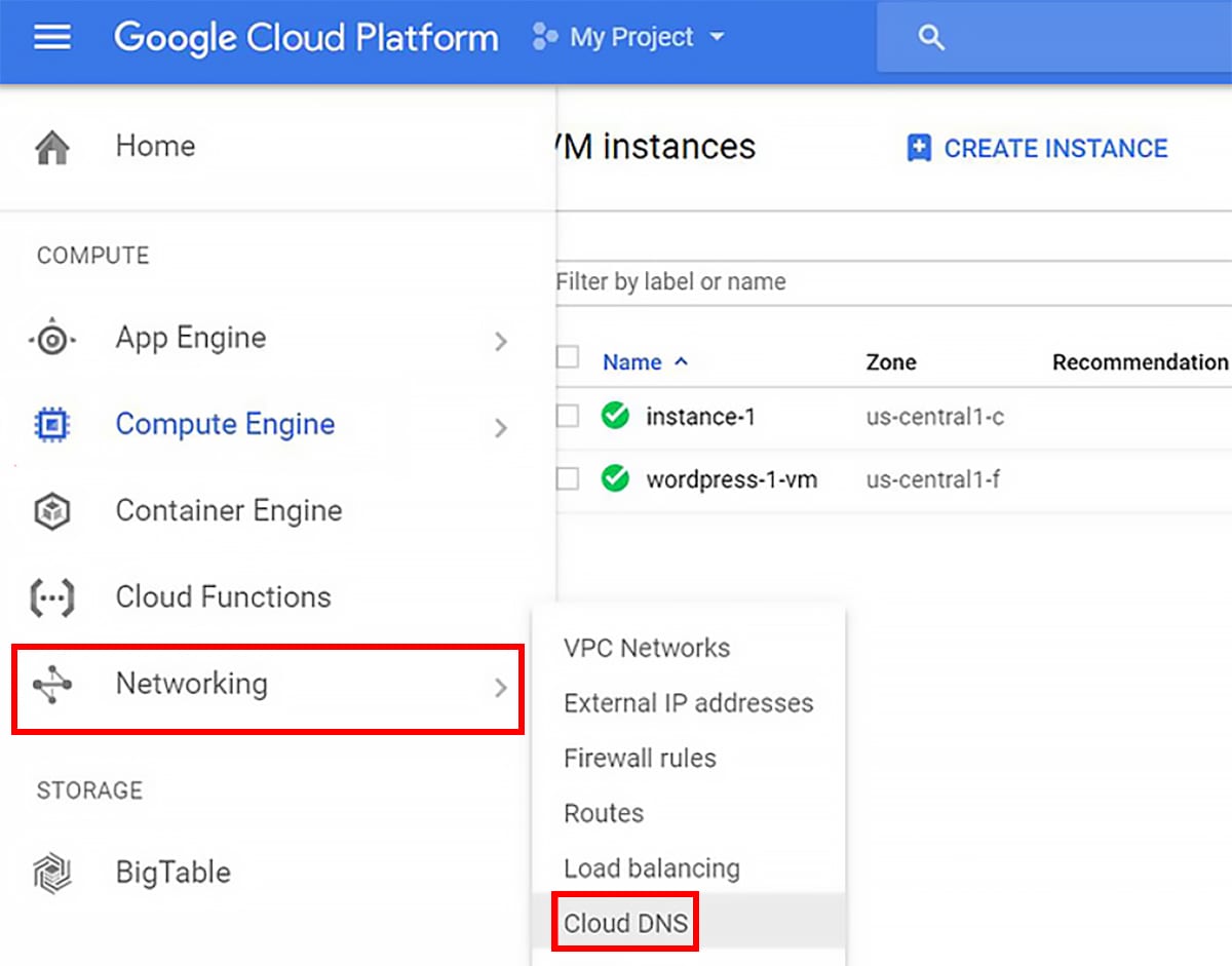 From Networking menu open Cloud DNS page