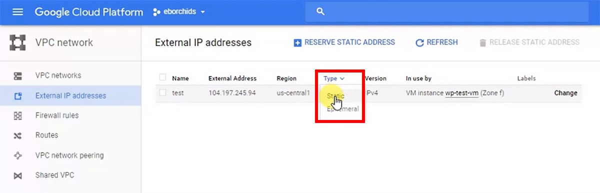 How to select static IP - wordpress google cloud