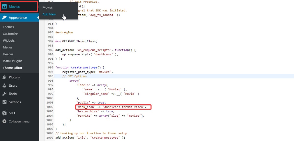Change code for post type - wp dashicons