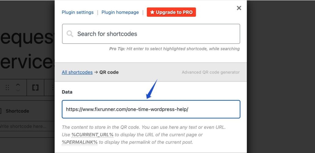 Enter WordPress QR code link in the data field