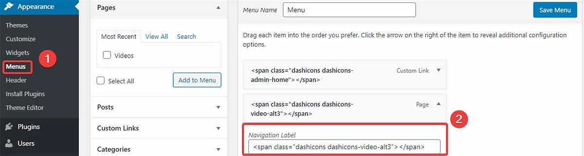 Navigation label field - wp dashicons