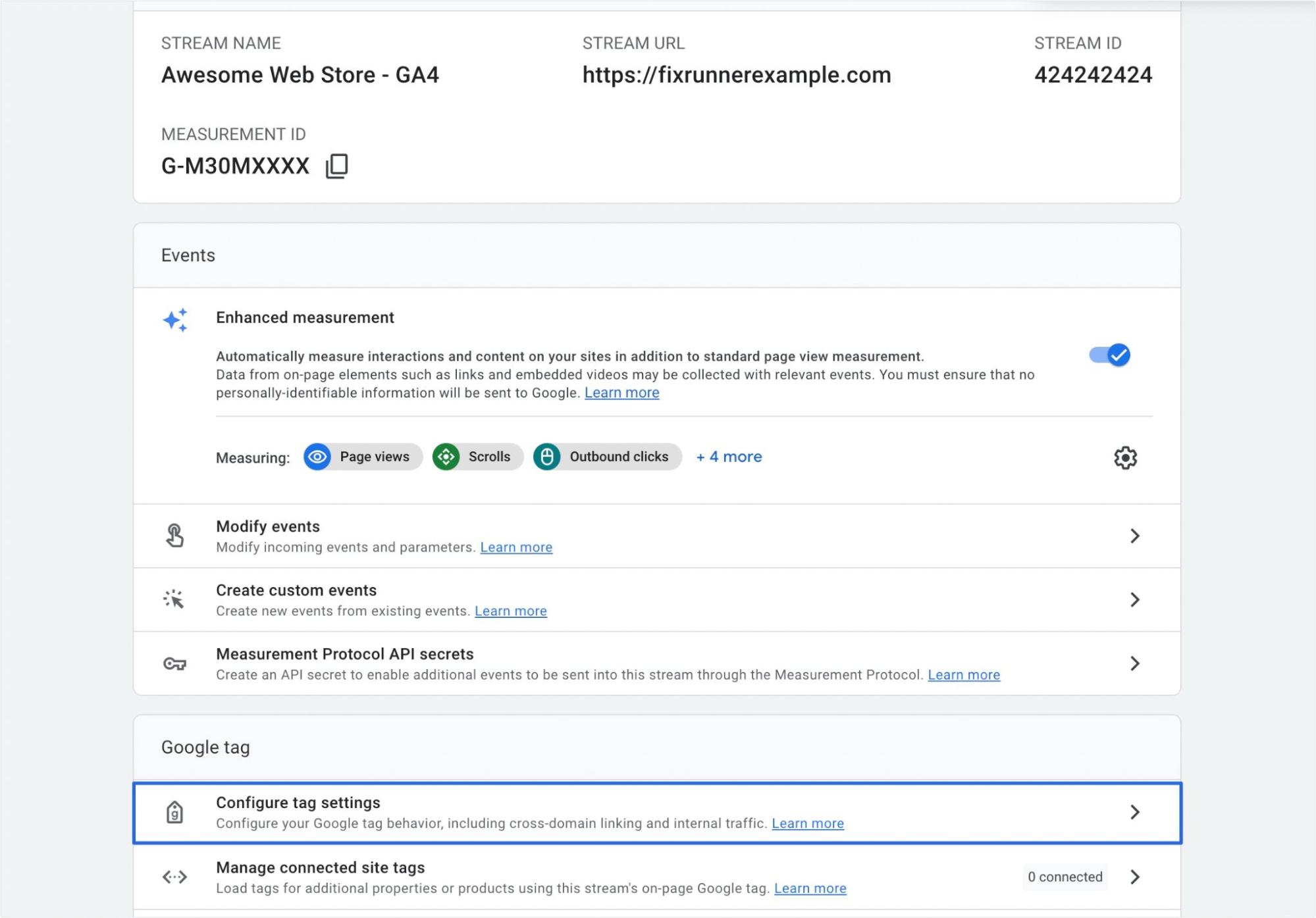 Click Configure tag to get Google Analytics 4 code