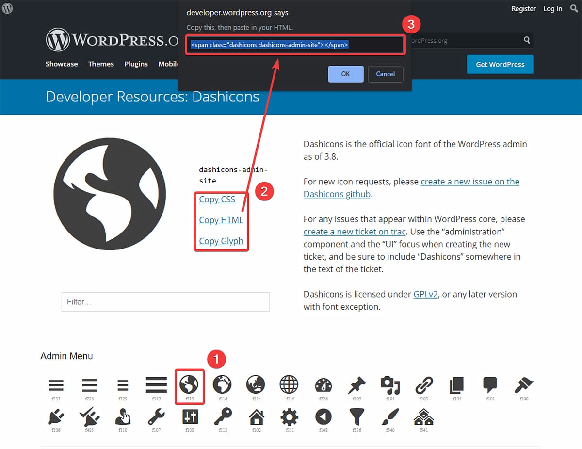 WordPress Dashicons page