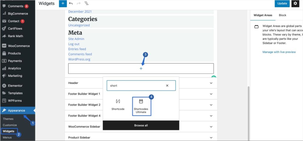 Search for Shortcodes Ultimate block on widgets page
