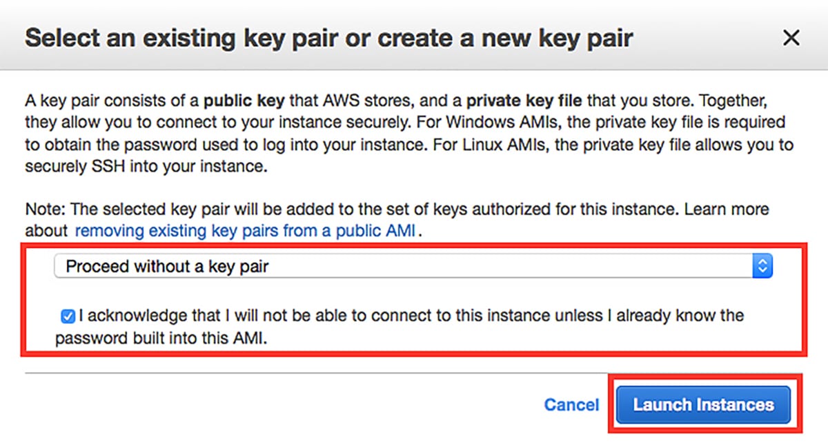 Page for Selecting an existing key pair or creating a new key pair