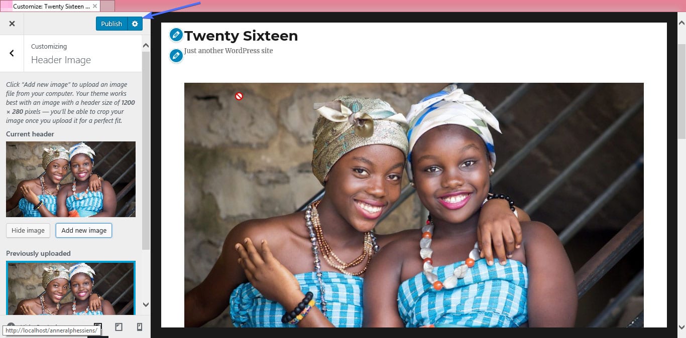 press publish to update your header image