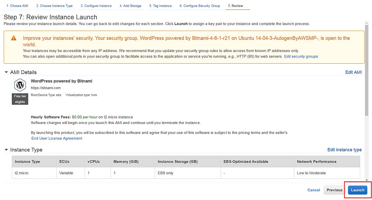 Review instance configuration page: Hosting WordPress on Amazon Web Services