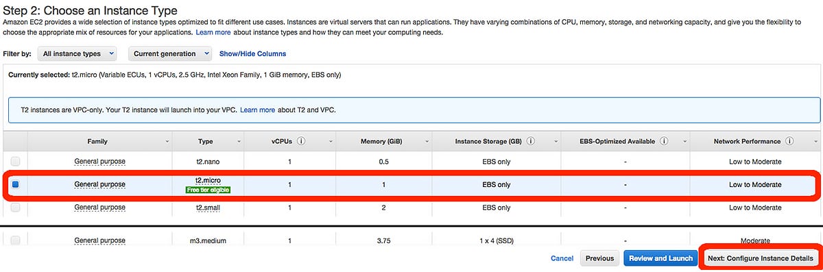 Selecting t2.micro free-tier instance type