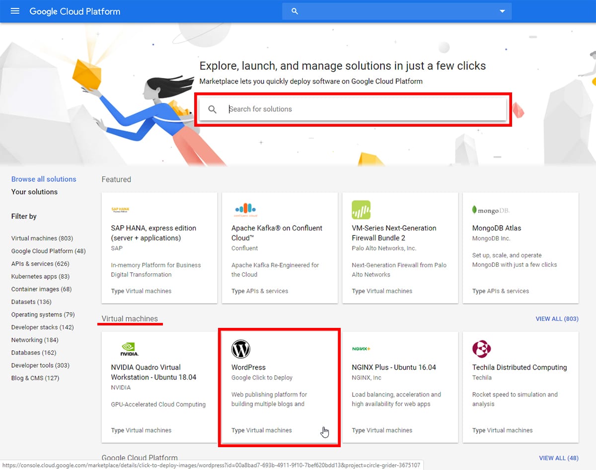 Selecting WordPress Click to Deploy from Google Cloud Marketplace