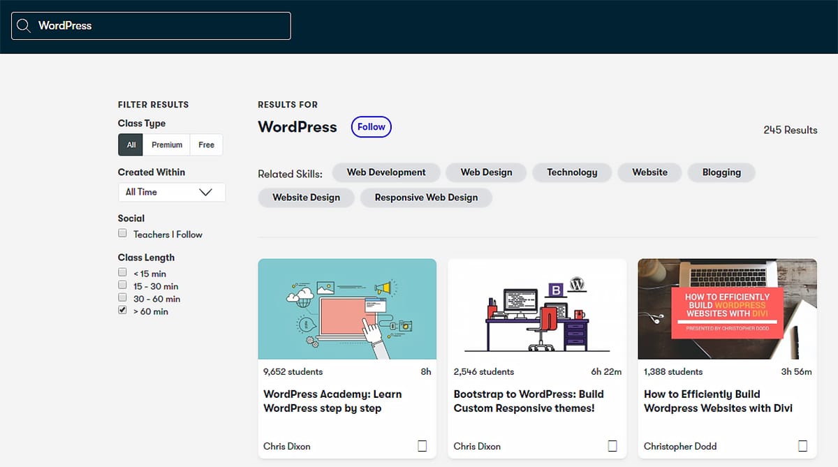 Skillshare WordPress courses list