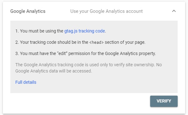 Verify Site with Google -Google Analytics Account method