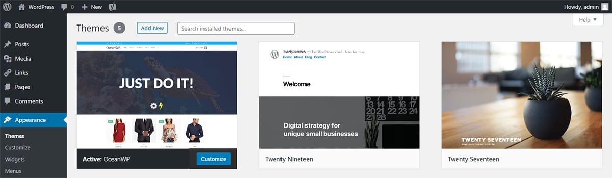 WordPress Dashboard Appearance Themes - joomla vs wordpress