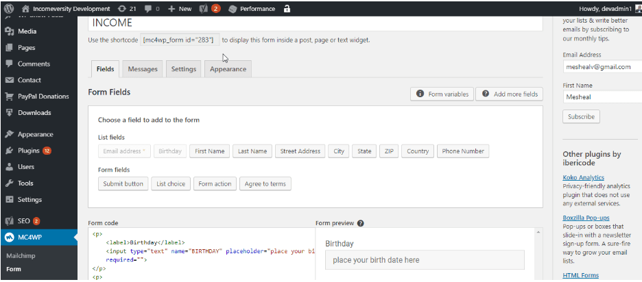Customizing form fields: mailchimp plugin for wordpress