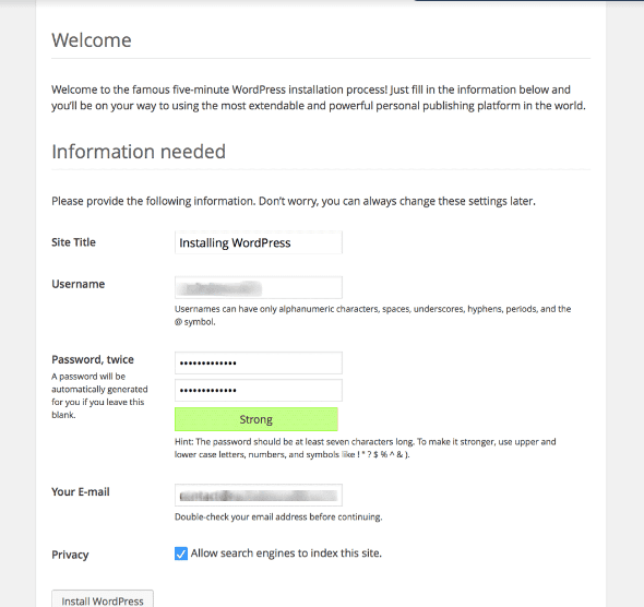 create wordpress login details