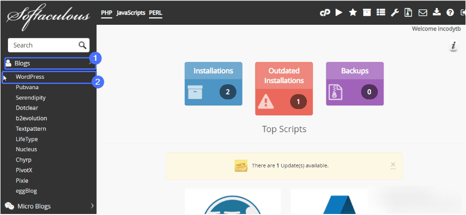 Installing WordPress with softaculous