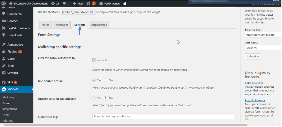 sign up form settings