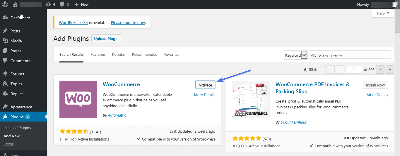 activate woocommerce plugin