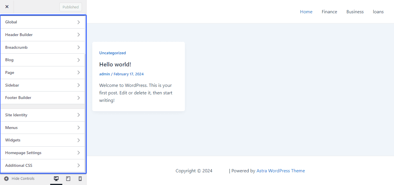 astra theme customizer -how to start a blog