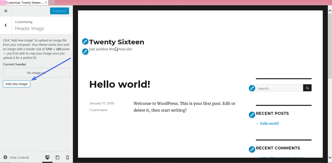 WordPress custom header - add new image