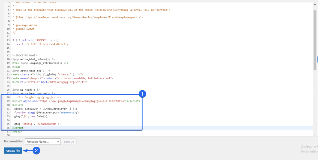 insert google analytics code to theme header
