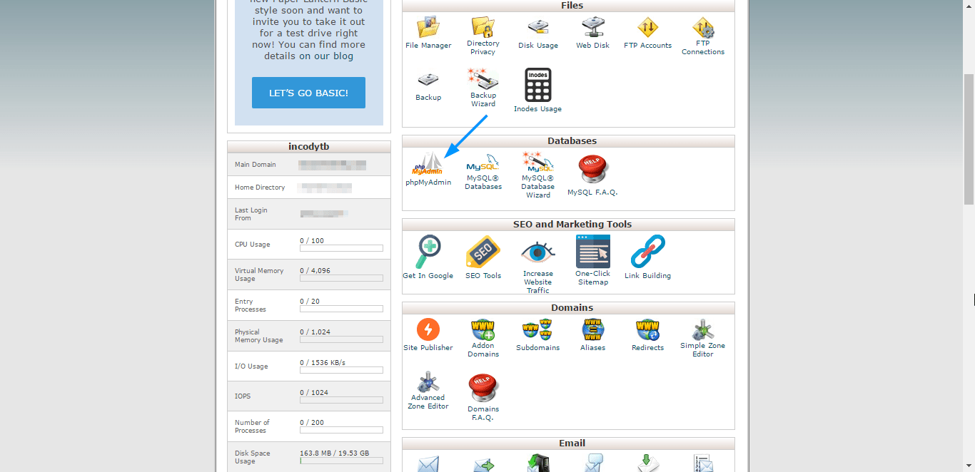 PhpMyAdmin in cPanel 