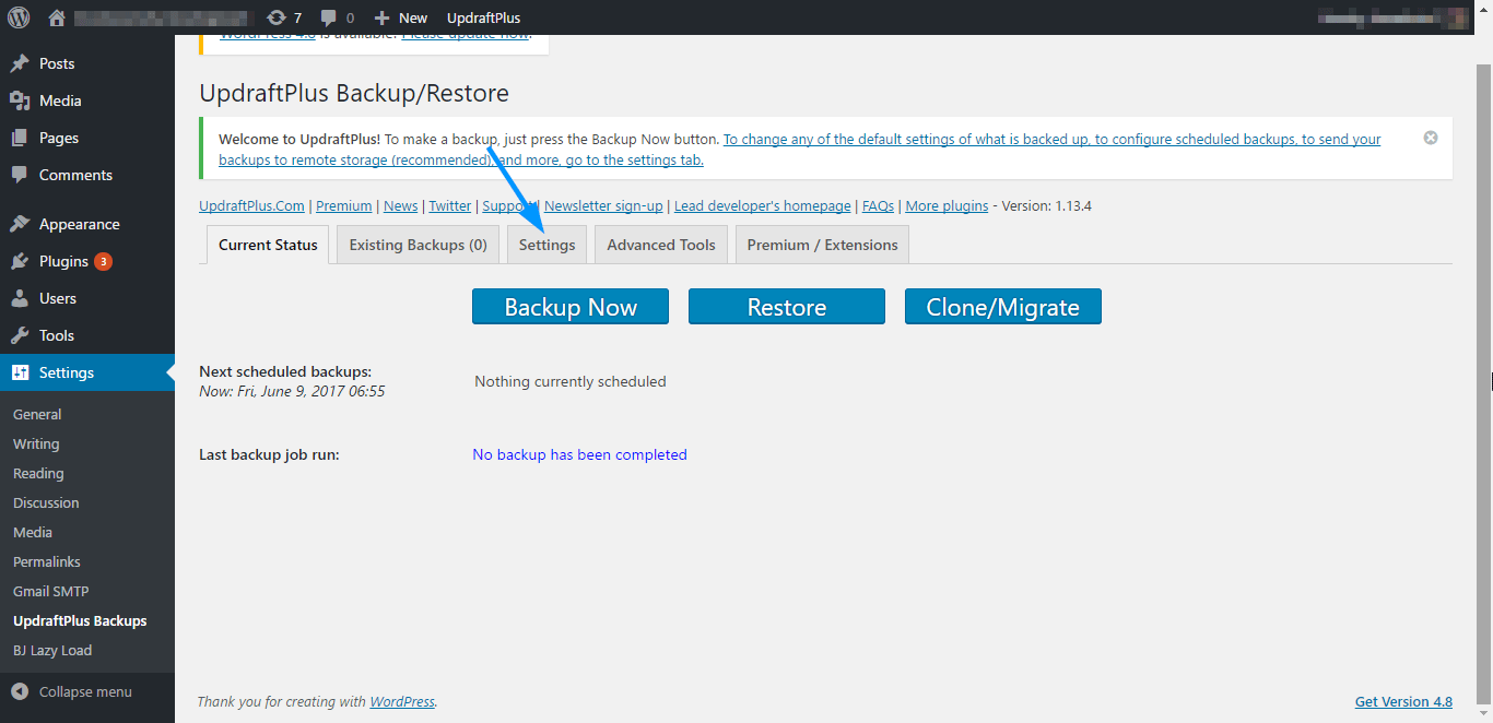 UpdraftPlus settings tab - WordPress Backups