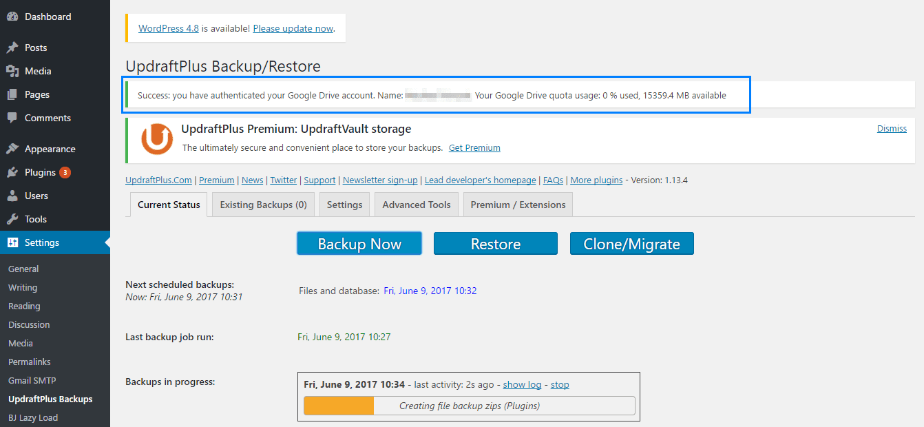 Weekly WordPress backup to Drive is now enabled