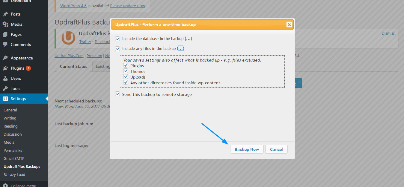 Select items for one-time backup