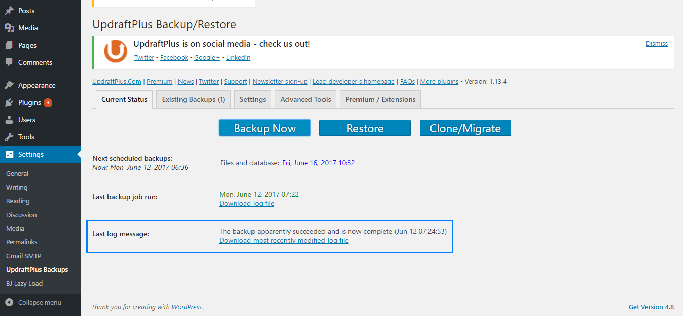 one time WordPress backup success message