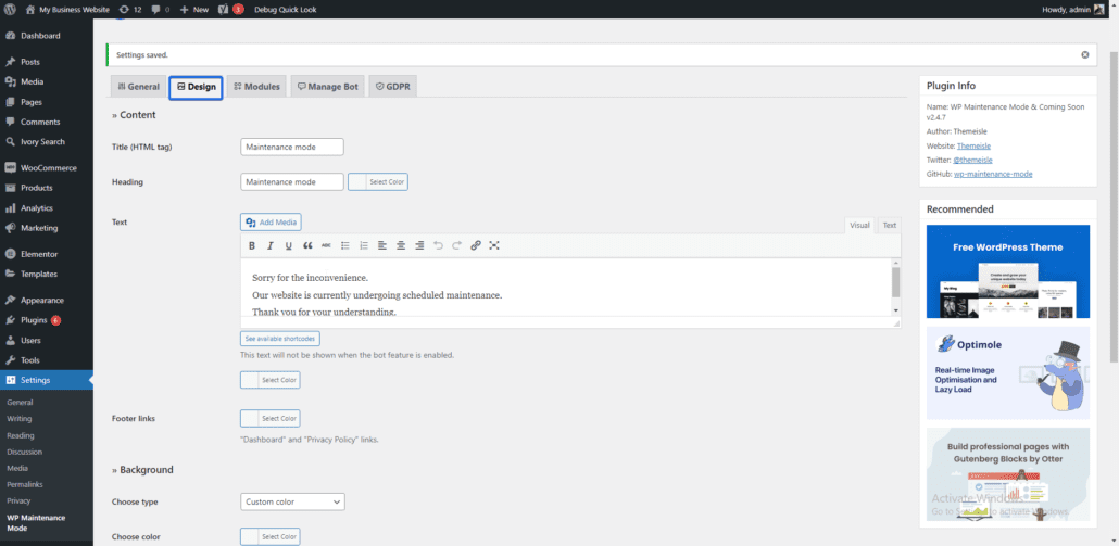 activate wordpress maintenance mode