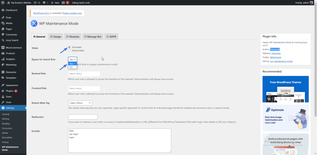 configure wp maintenance mode plugin