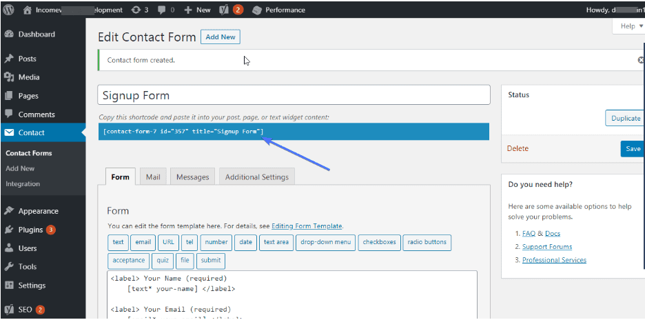 contact form shortcode sample