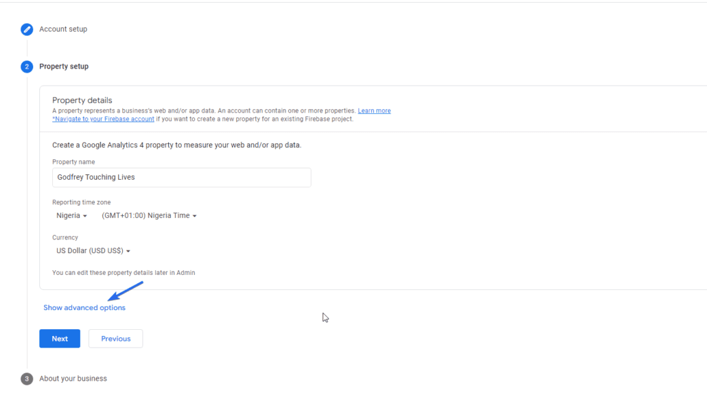create a property for google analytics