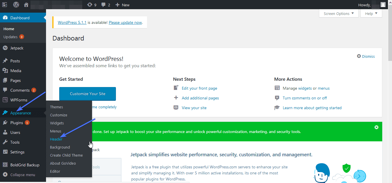 appearance wordpress header