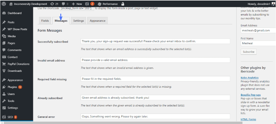 Customizing form messages