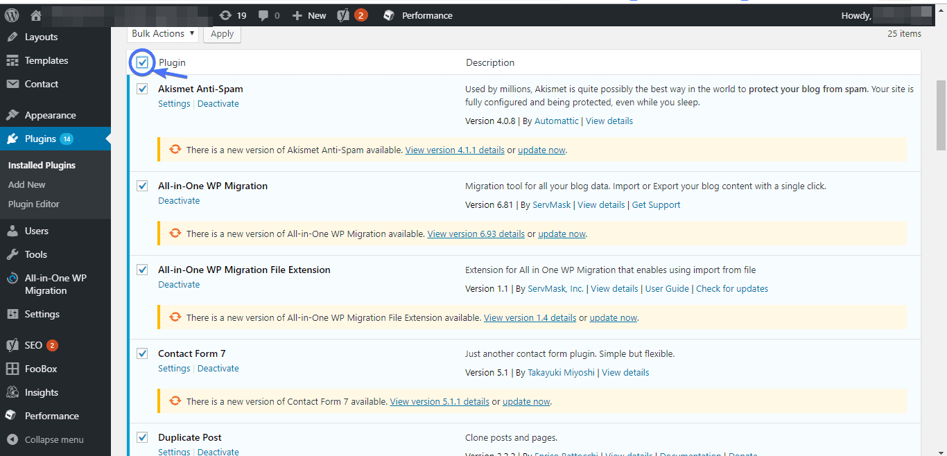 deactivate all plugins in wordpress