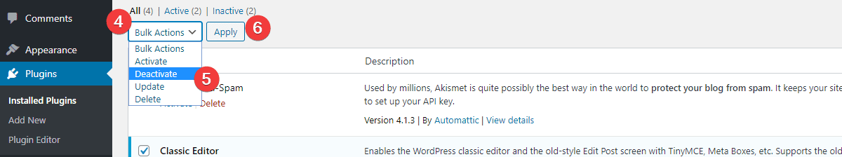 Deactivating all plugins - wordpress updating failed