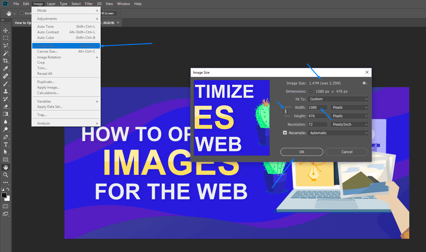 decrease image resolution and size in adobe photoshop