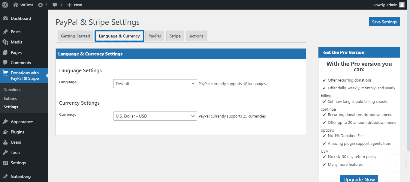 donations with PayPal & Stripe language & Currency