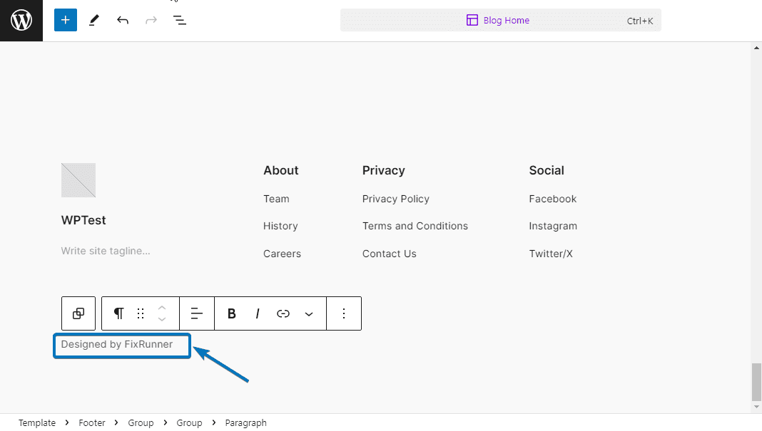 edit footer copyright text with site editor